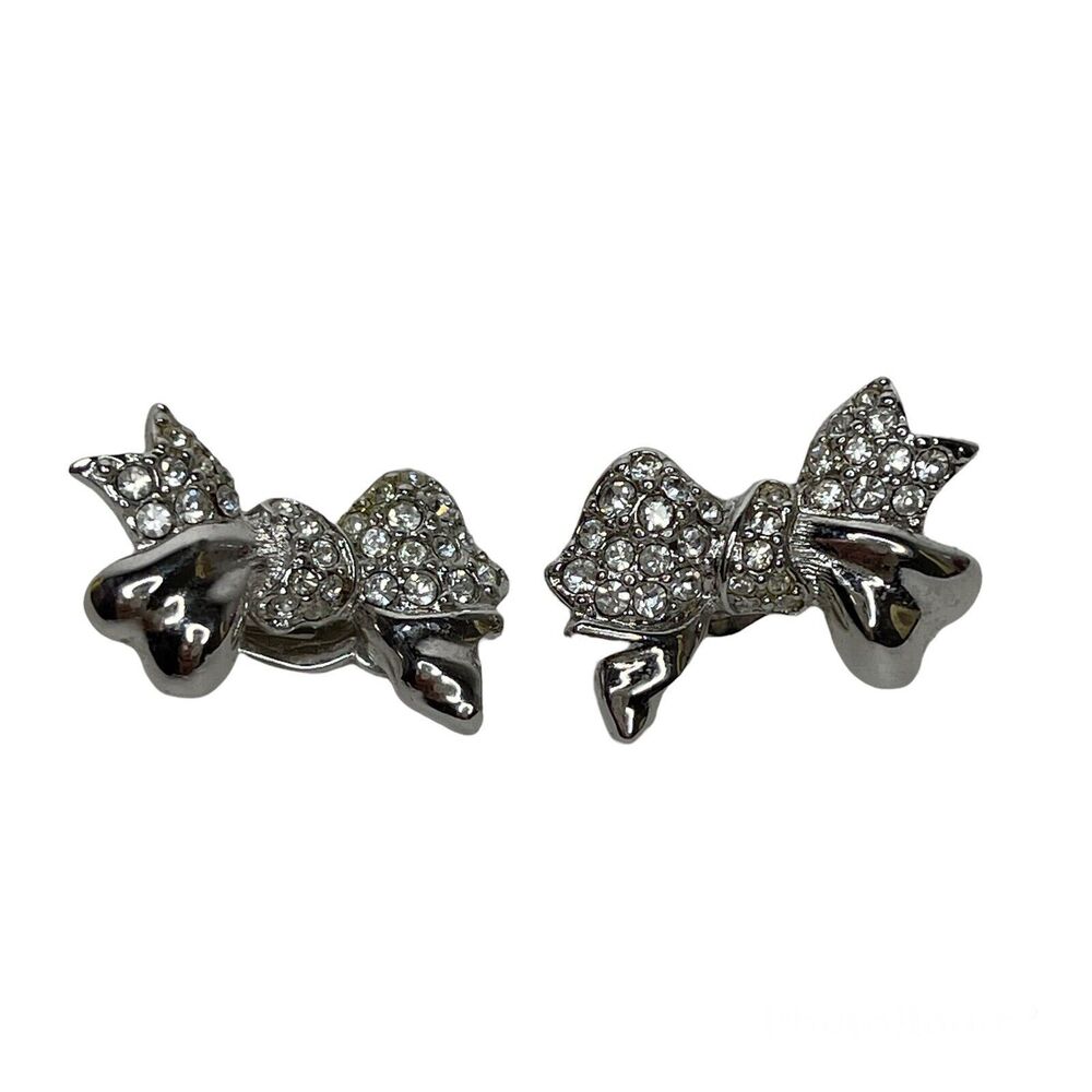 Vintage Silver Tone Bows Clip On‎ Earrings Costume Jewelry 1"